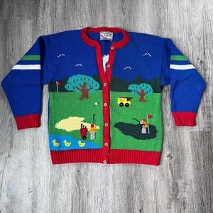 VTG Cotton Salsa Womens 3D Knit Golf themed Cardigan Sweater Sz M Kitcsh Novelty